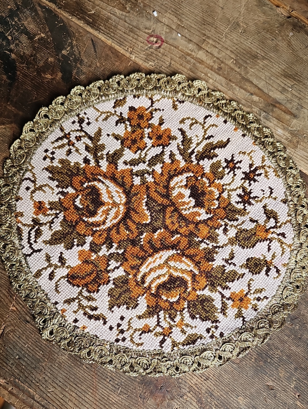 Handmade Floral Needlepoint Round - Craft Supplies - 70s Decor